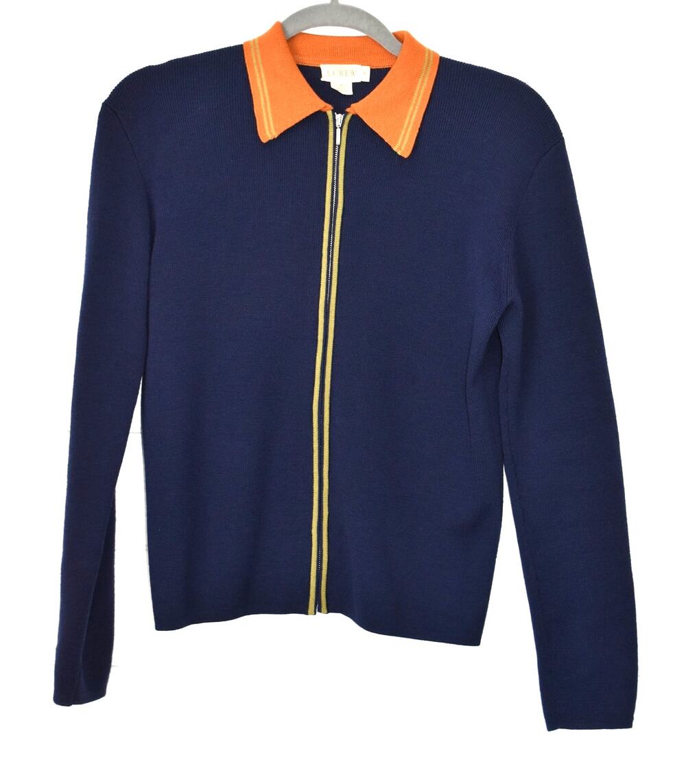 J.Crew Merino Wool Sweater Small VTG 90s Hong Kong Full Zip Blue Brown Preppy